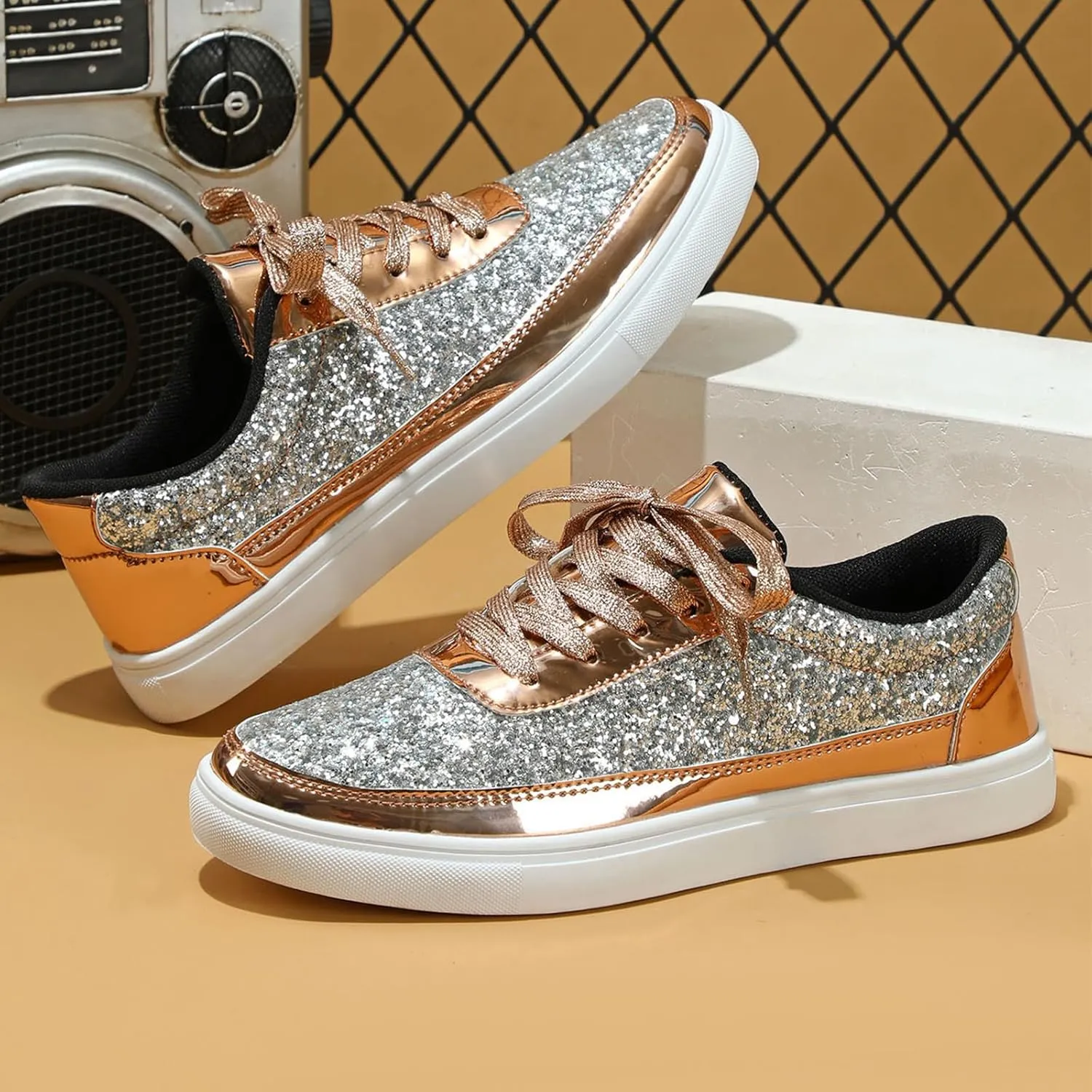 Women's Glitter Tennis Sneakers Neon Dressy Sparkly Sneakers Rhinestone Bling Wedding Bridal Shoes Shiny Sequin Casual Shoes Bling Sequin Concert Low Cut Lace Up Shoes(Size:9,Color:Gold)