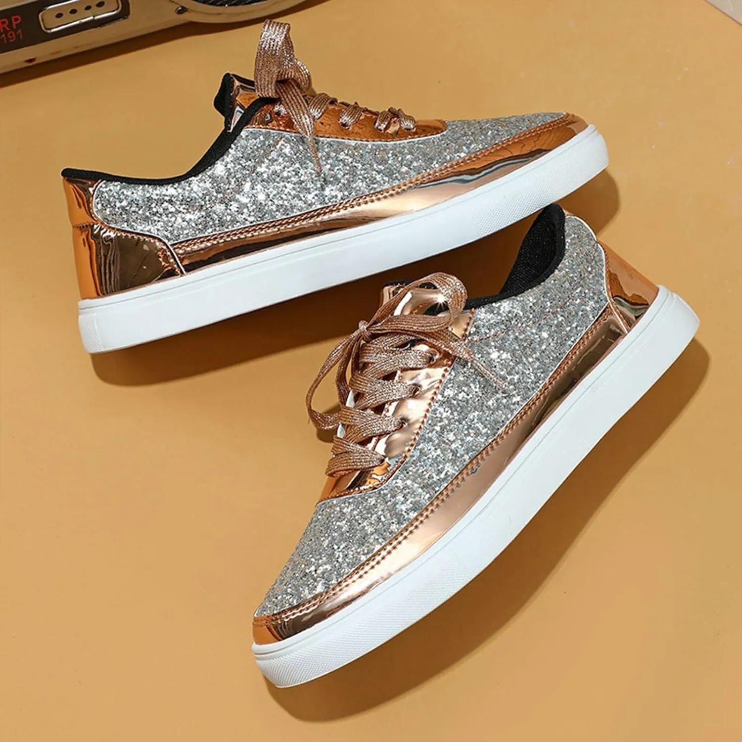 Women's Glitter Tennis Sneakers Neon Dressy Sparkly Sneakers Rhinestone Bling Wedding Bridal Shoes Shiny Sequin Casual Shoes Bling Sequin Concert Low Cut Lace Up Shoes(Size:9,Color:Gold)