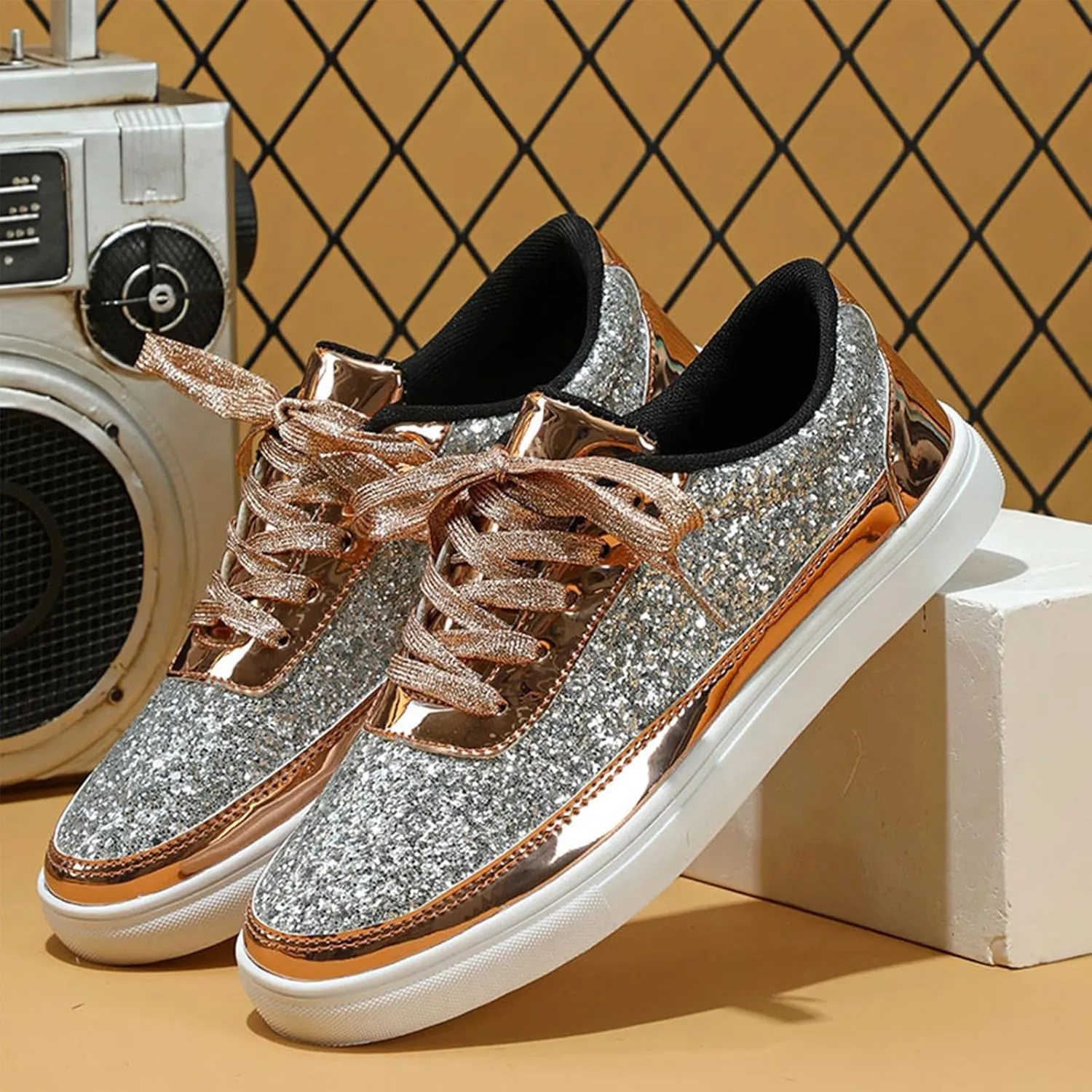 Women's Glitter Tennis Sneakers Neon Dressy Sparkly Sneakers Rhinestone Bling Wedding Bridal Shoes Shiny Sequin Casual Shoes Bling Sequin Concert Low Cut Lace Up Shoes(Size:9,Color:Gold)