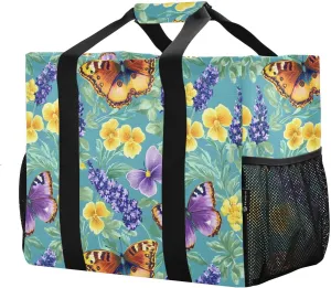 Women's Handbag Large Beach Tote Bag Zippered Handbag Quilted Shoulder Bag for Travel Work Gym Purple Flowers Butterfly