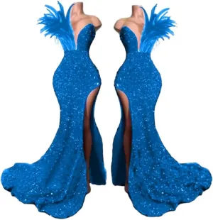 Women's High Split Feathers Sexy Sequins Prom Dress Deep V Neck Off Shoulder Gowns Celebrity Cocktail Evening Party Gown