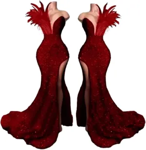 Women's High Split Feathers Sexy Sequins Prom Dress Deep V Neck Off Shoulder Gowns Celebrity Cocktail Evening Party Gown