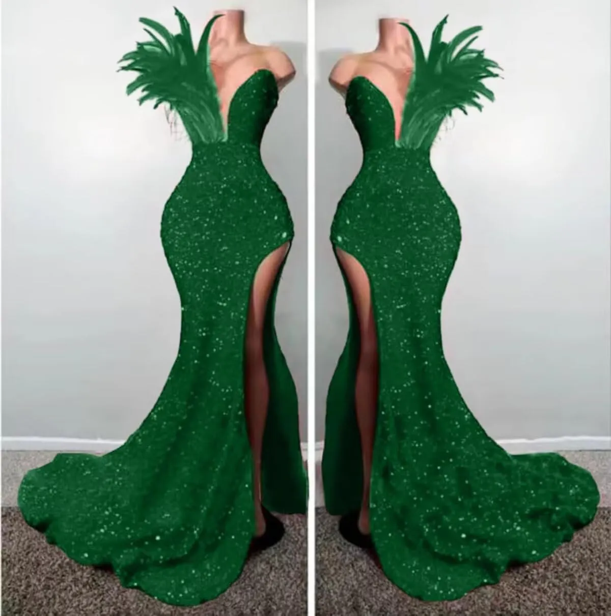 Women's High Split Feathers Sexy Sequins Prom Dress Deep V Neck Off Shoulder Gowns Celebrity Cocktail Evening Party Gown