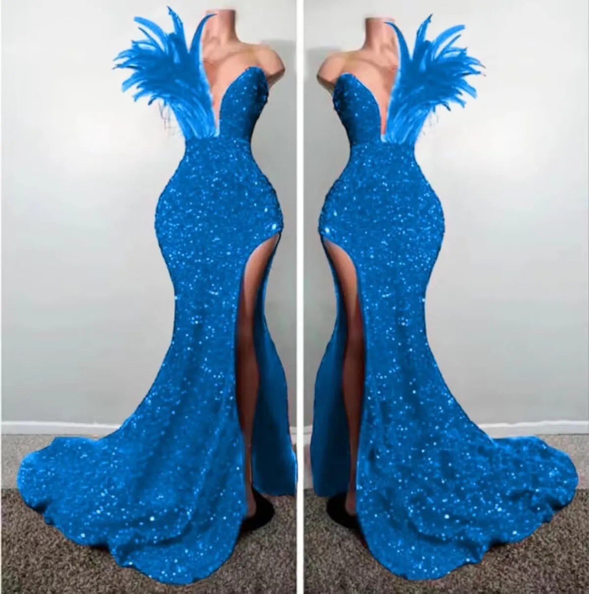 Women's High Split Feathers Sexy Sequins Prom Dress Deep V Neck Off Shoulder Gowns Celebrity Cocktail Evening Party Gown
