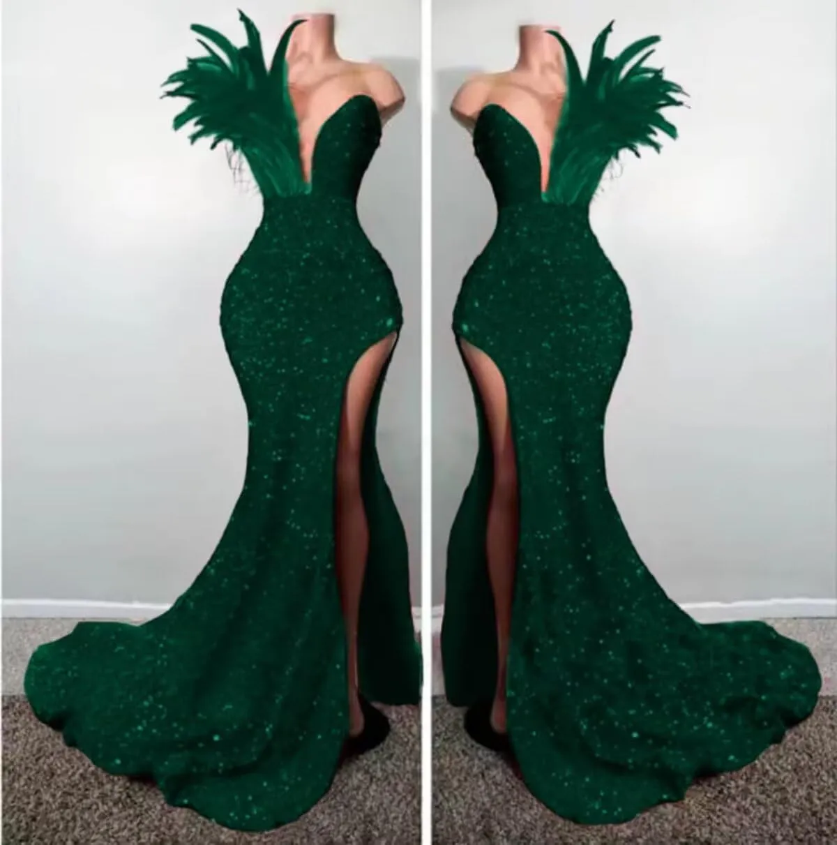 Women's High Split Feathers Sexy Sequins Prom Dress Deep V Neck Off Shoulder Gowns Celebrity Cocktail Evening Party Gown