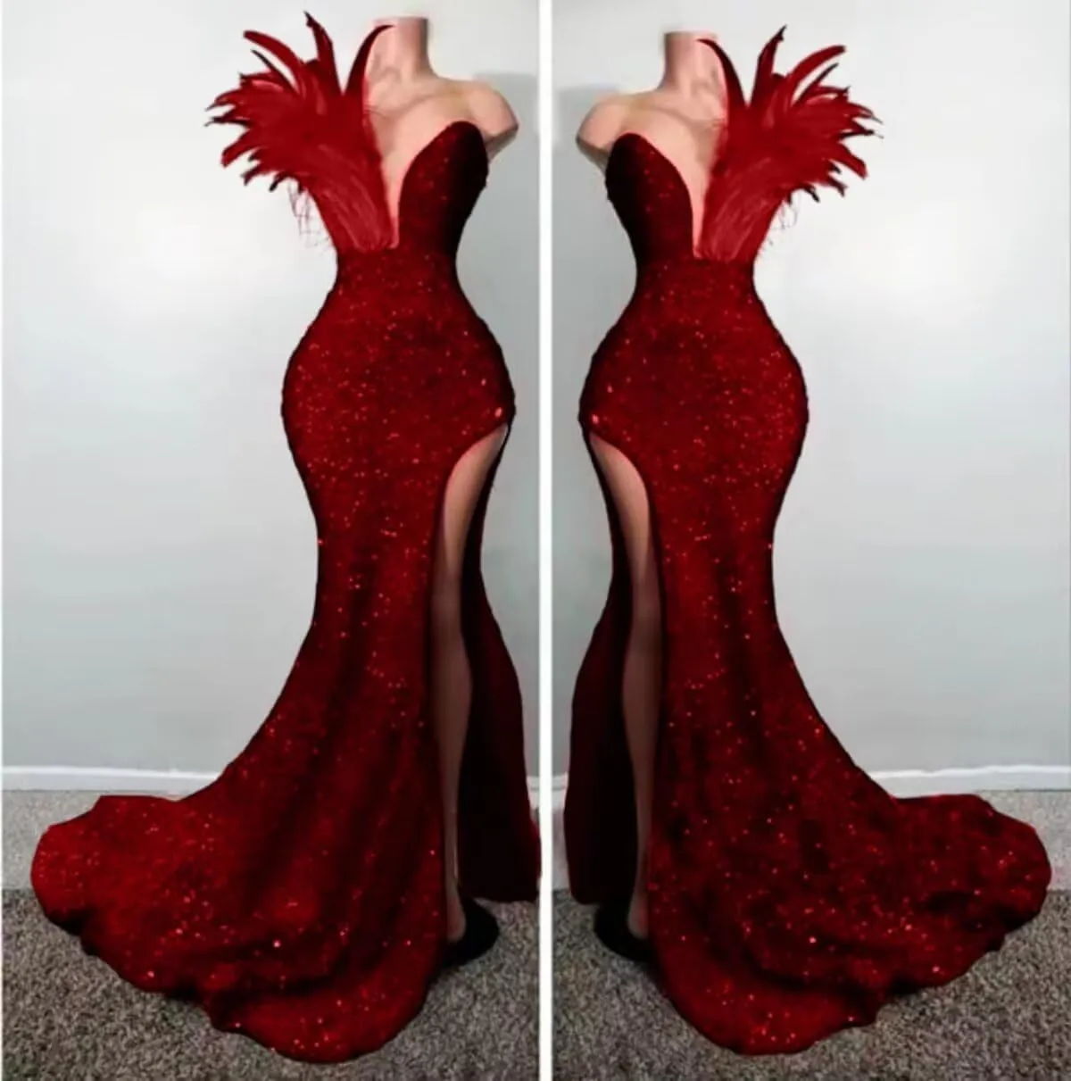 Women's High Split Feathers Sexy Sequins Prom Dress Deep V Neck Off Shoulder Gowns Celebrity Cocktail Evening Party Gown