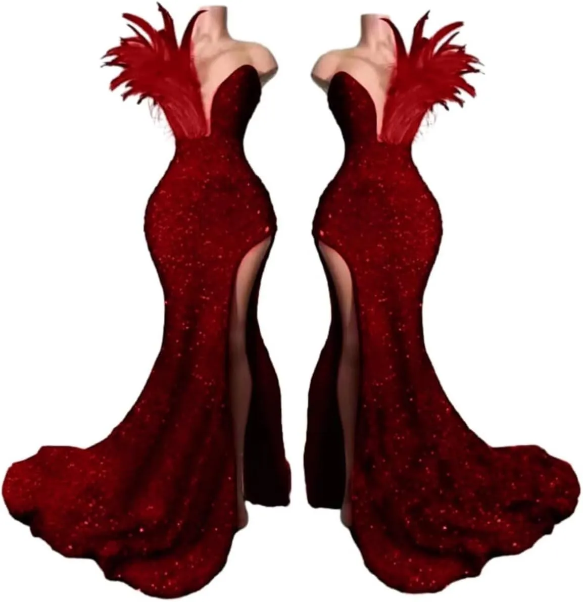 Women's High Split Feathers Sexy Sequins Prom Dress Deep V Neck Off Shoulder Gowns Celebrity Cocktail Evening Party Gown
