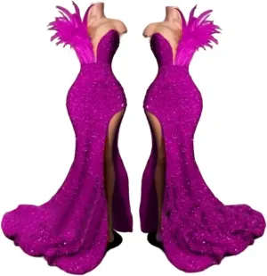 Women's High Split Feathers Sexy Sequins Prom Dress Deep V Neck Off Shoulder Gowns Celebrity Cocktail Evening Party Gown