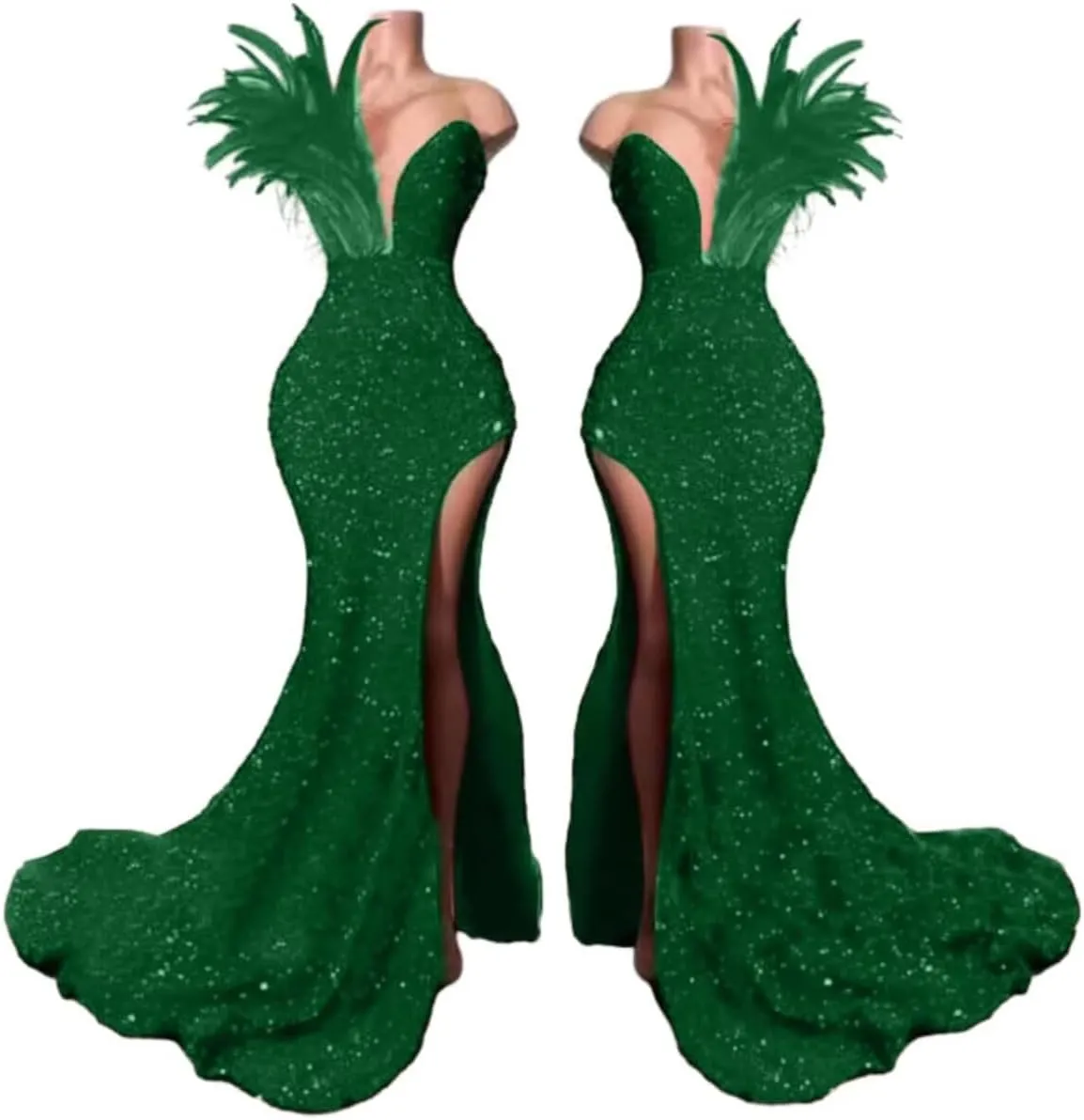 Women's High Split Feathers Sexy Sequins Prom Dress Deep V Neck Off Shoulder Gowns Celebrity Cocktail Evening Party Gown