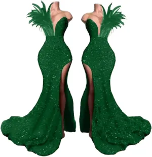 Women's High Split Feathers Sexy Sequins Prom Dress Deep V Neck Off Shoulder Gowns Celebrity Cocktail Evening Party Gown