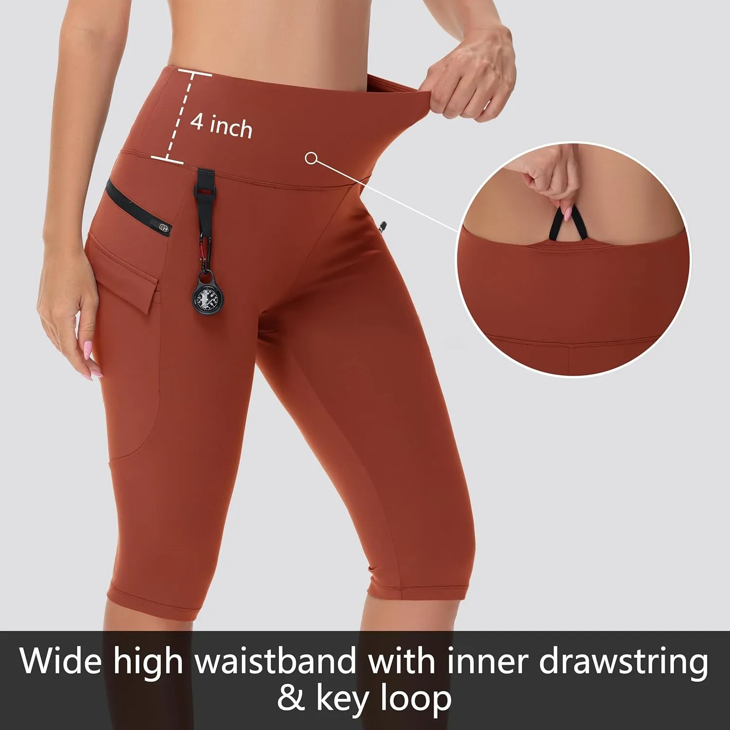 Women's Hiking Long Shorts Knee Length Capri Leggings with Zip Pockets High Waisted Biker Short Athletic Outdoor Travel