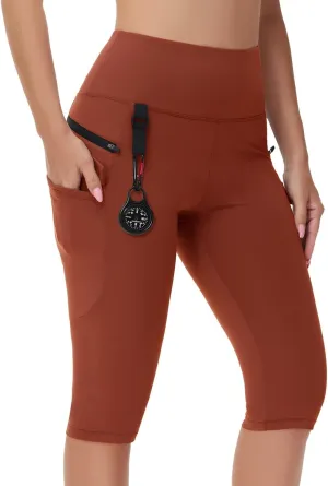 Women's Hiking Long Shorts Knee Length Capri Leggings with Zip Pockets High Waisted Biker Short Athletic Outdoor Travel