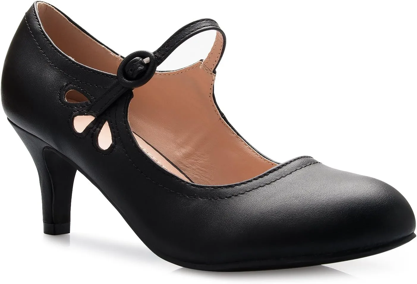 Women's Kitten Low Heels Round Toe Mary Jane Pumps - Adorable Vintage Retro Shoes- Unique Side Cut Out Design
