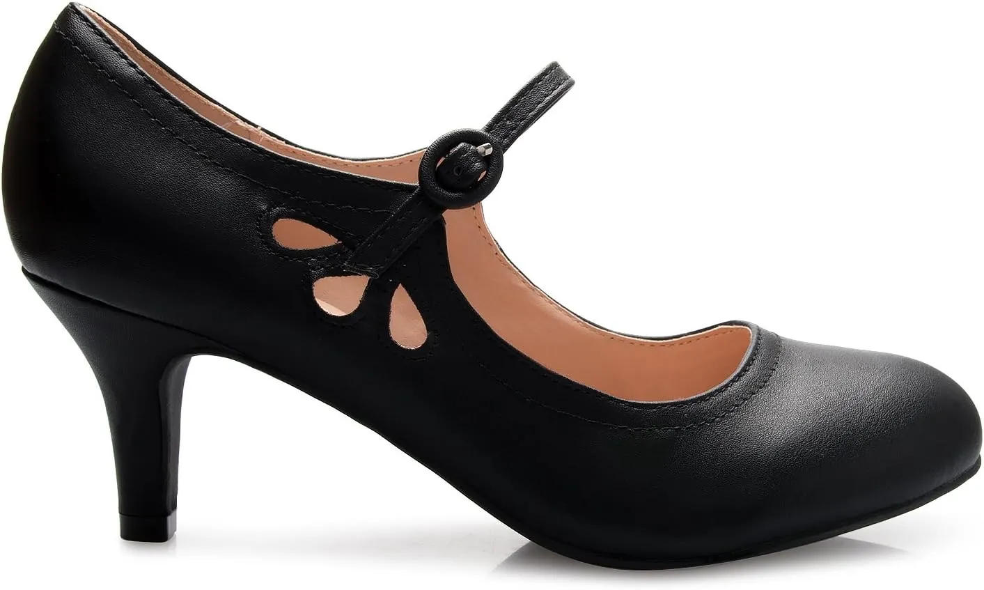 Women's Kitten Low Heels Round Toe Mary Jane Pumps - Adorable Vintage Retro Shoes- Unique Side Cut Out Design