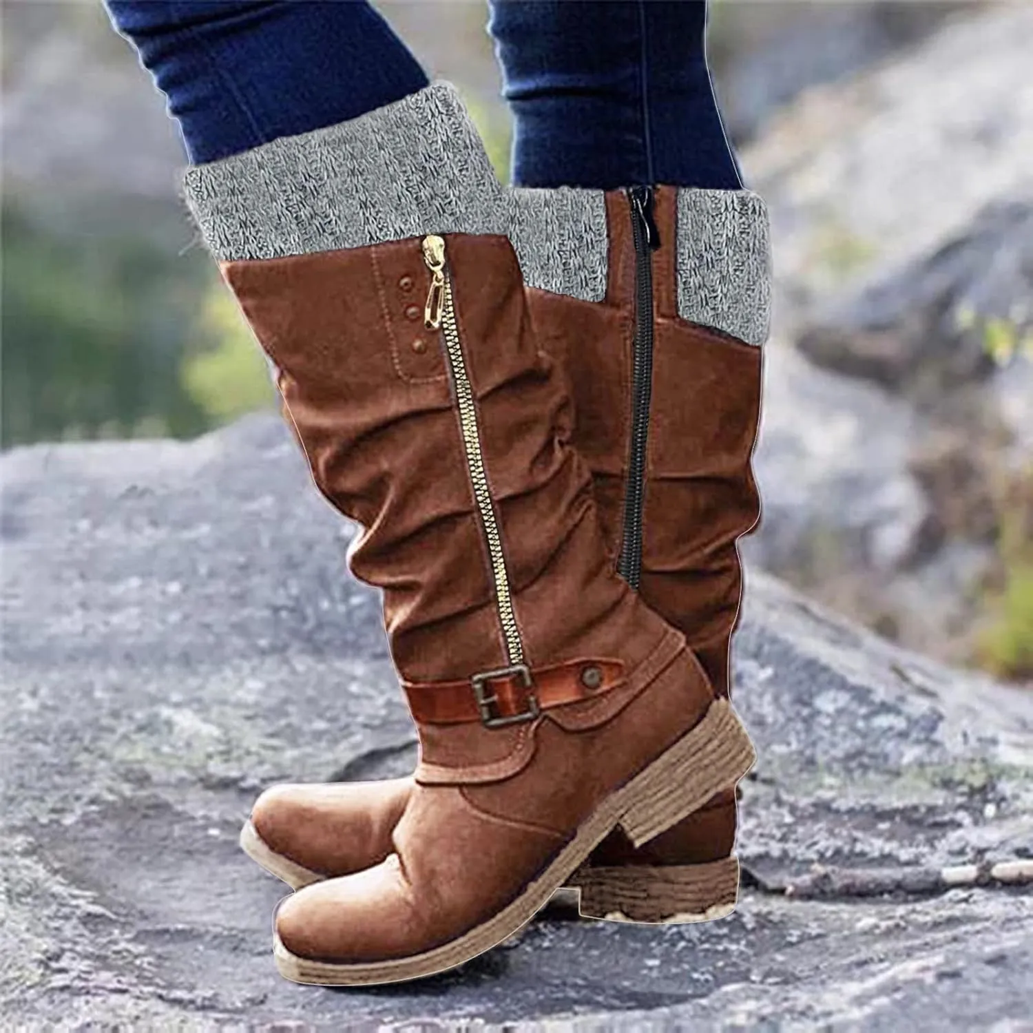 Womens Knee High Boots Low Heel,Warm Knitted Snow Boots Slouchy Round Toe Military Boots with Zip Wide Calf Booties