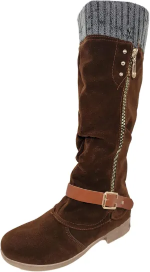 Womens Knee High Boots Low Heel,Warm Knitted Snow Boots Slouchy Round Toe Military Boots with Zip Wide Calf Booties
