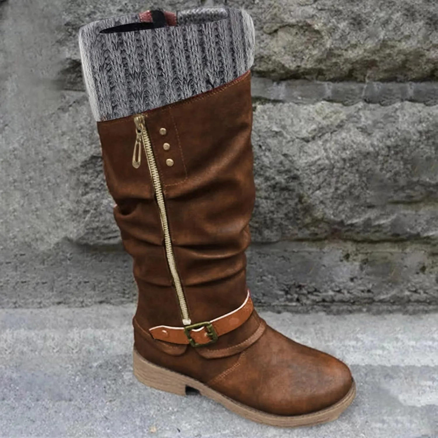 Womens Knee High Boots Low Heel,Warm Knitted Snow Boots Slouchy Round Toe Military Boots with Zip Wide Calf Booties