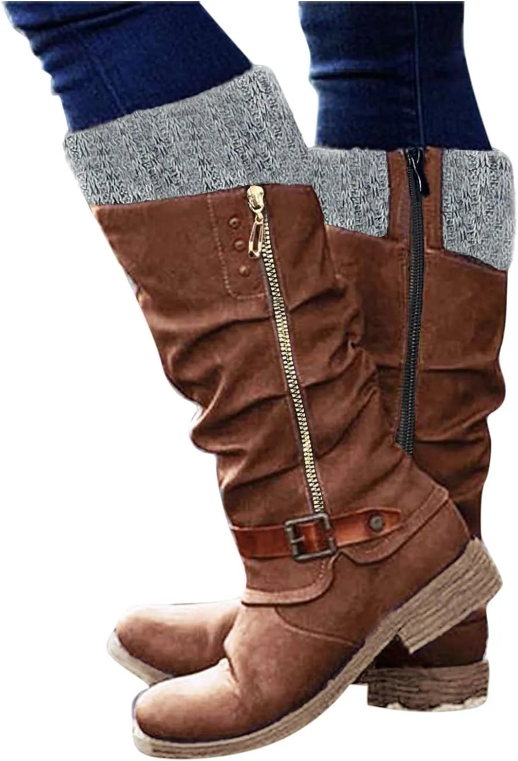 Womens Knee High Boots Low Heel,Warm Knitted Snow Boots Slouchy Round Toe Military Boots with Zip Wide Calf Booties