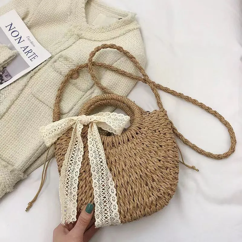 Women's Korean Lace Bow Woven Rattan Straw Handbags