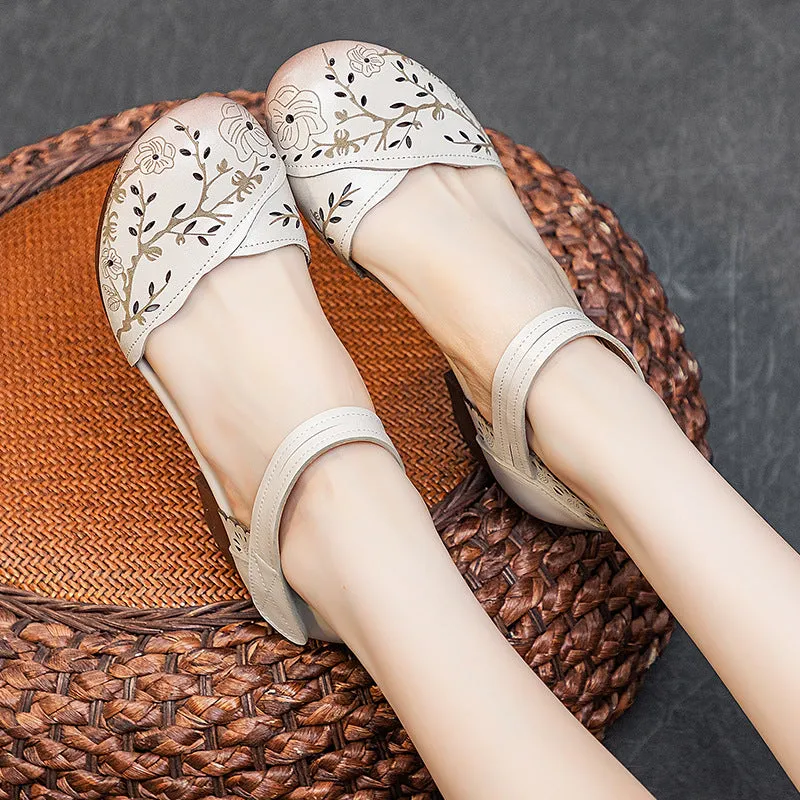 Women's Leather Block Heel Retro Hollow Out Printed Sandals