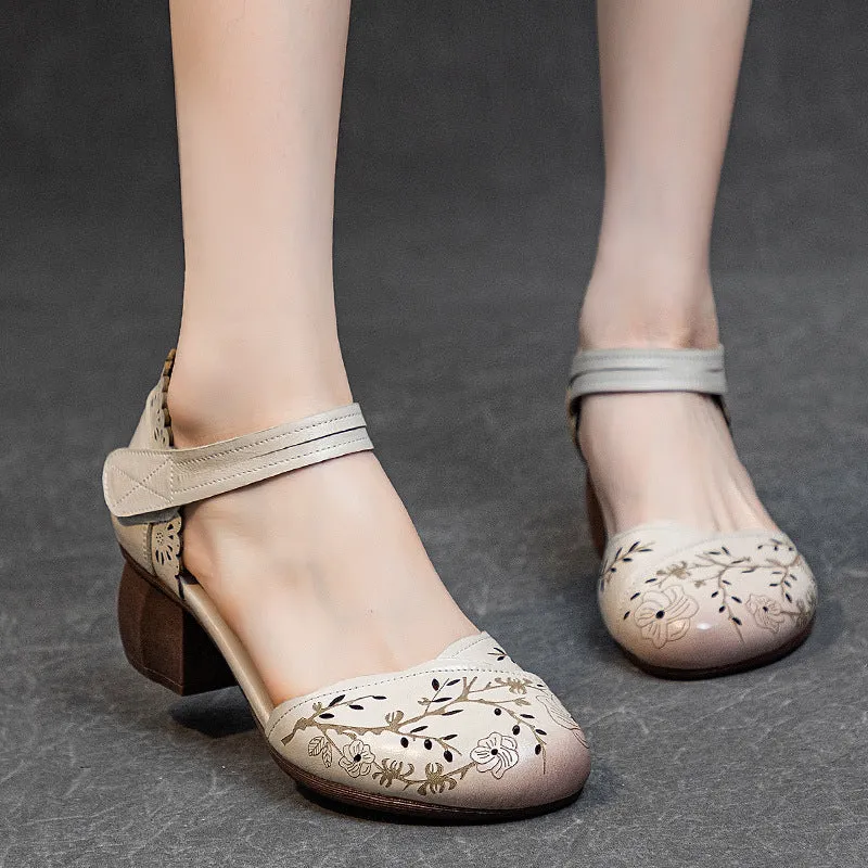 Women's Leather Block Heel Retro Hollow Out Printed Sandals