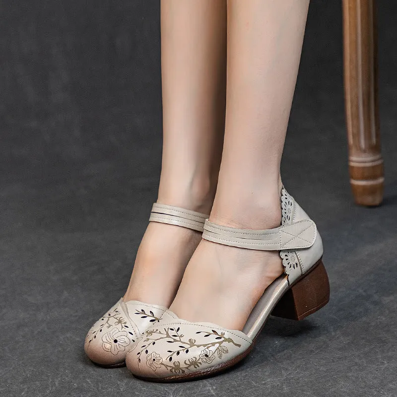 Women's Leather Block Heel Retro Hollow Out Printed Sandals