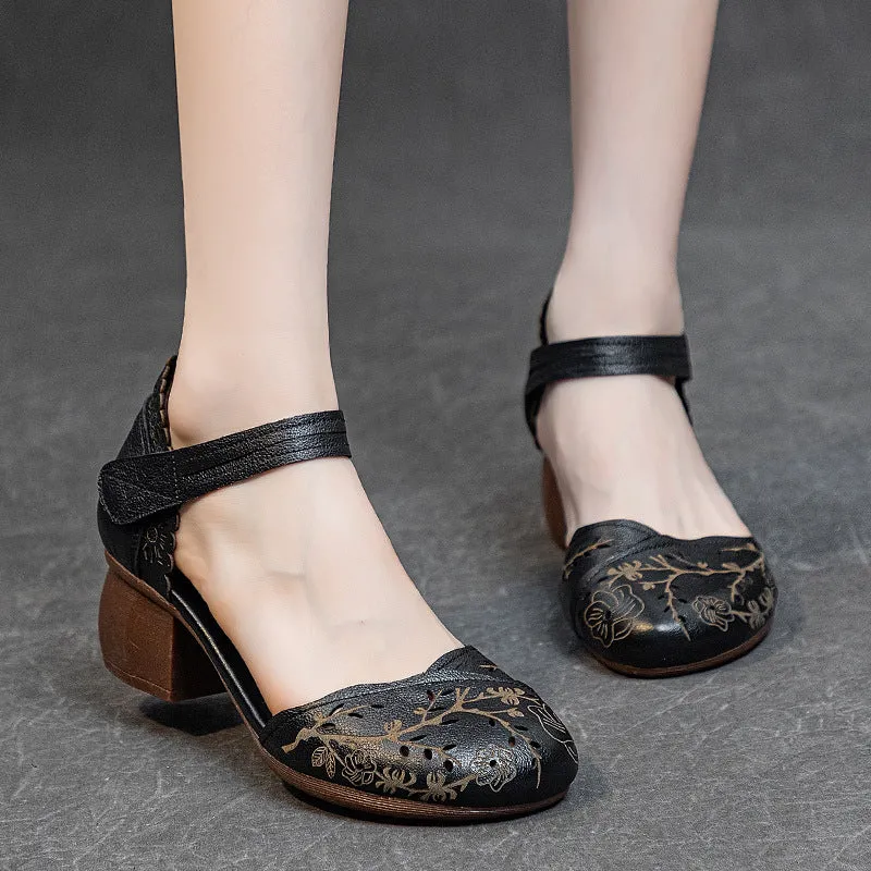 Women's Leather Block Heel Retro Hollow Out Printed Sandals