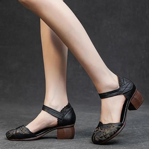 Women's Leather Block Heel Retro Hollow Out Printed Sandals