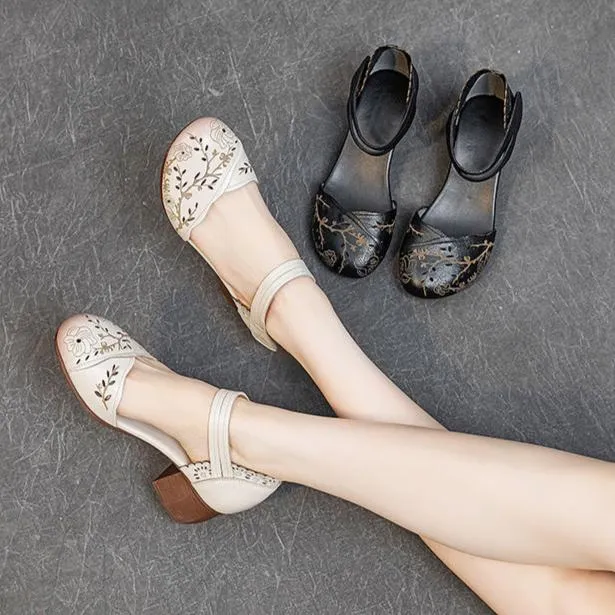 Women's Leather Block Heel Retro Hollow Out Printed Sandals