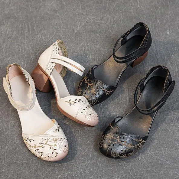 Women's Leather Block Heel Retro Hollow Out Printed Sandals