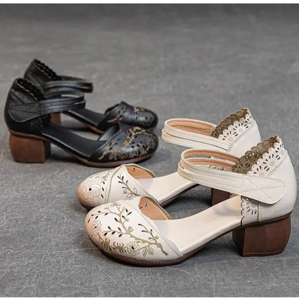 Women's Leather Block Heel Retro Hollow Out Printed Sandals