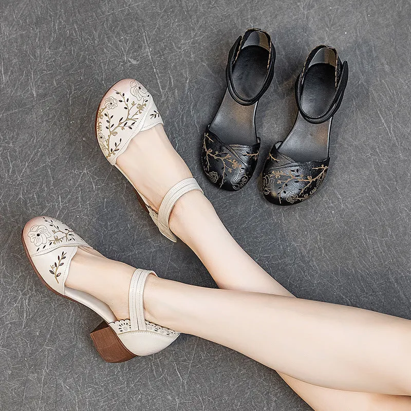 Women's Leather Block Heel Retro Hollow Out Printed Sandals