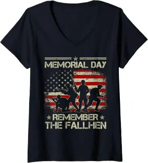 Womens Memorial Day Remember The Fallen Veteran Day Military Retro V-Neck T-Shirt