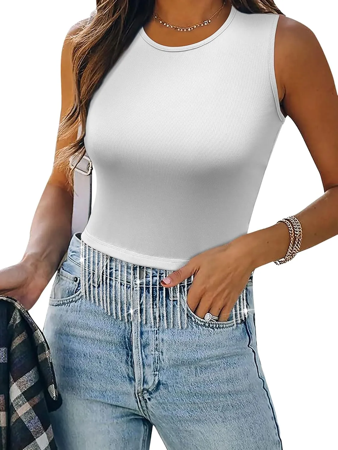 Womens Nashville Sparkly Rhinestone Fringe Sleeveless Tops Concert Raceback Ribbed Tank Tops with Glitter Tassel
