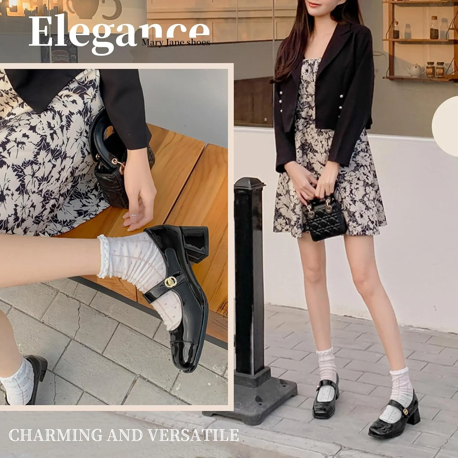 Women's Patent Leather Classic Mary Jane Chunky Heel,Dressy Round Toe Pumps,Retro Mary Jane Soft Work Low Heels