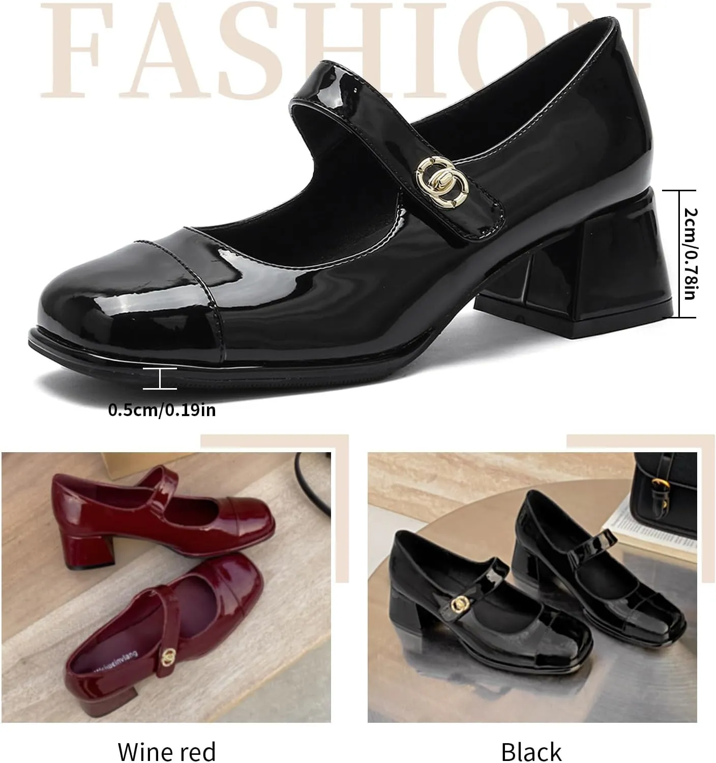 Women's Patent Leather Classic Mary Jane Chunky Heel,Dressy Round Toe Pumps,Retro Mary Jane Soft Work Low Heels