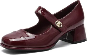 Women's Patent Leather Classic Mary Jane Chunky Heel,Dressy Round Toe Pumps,Retro Mary Jane Soft Work Low Heels