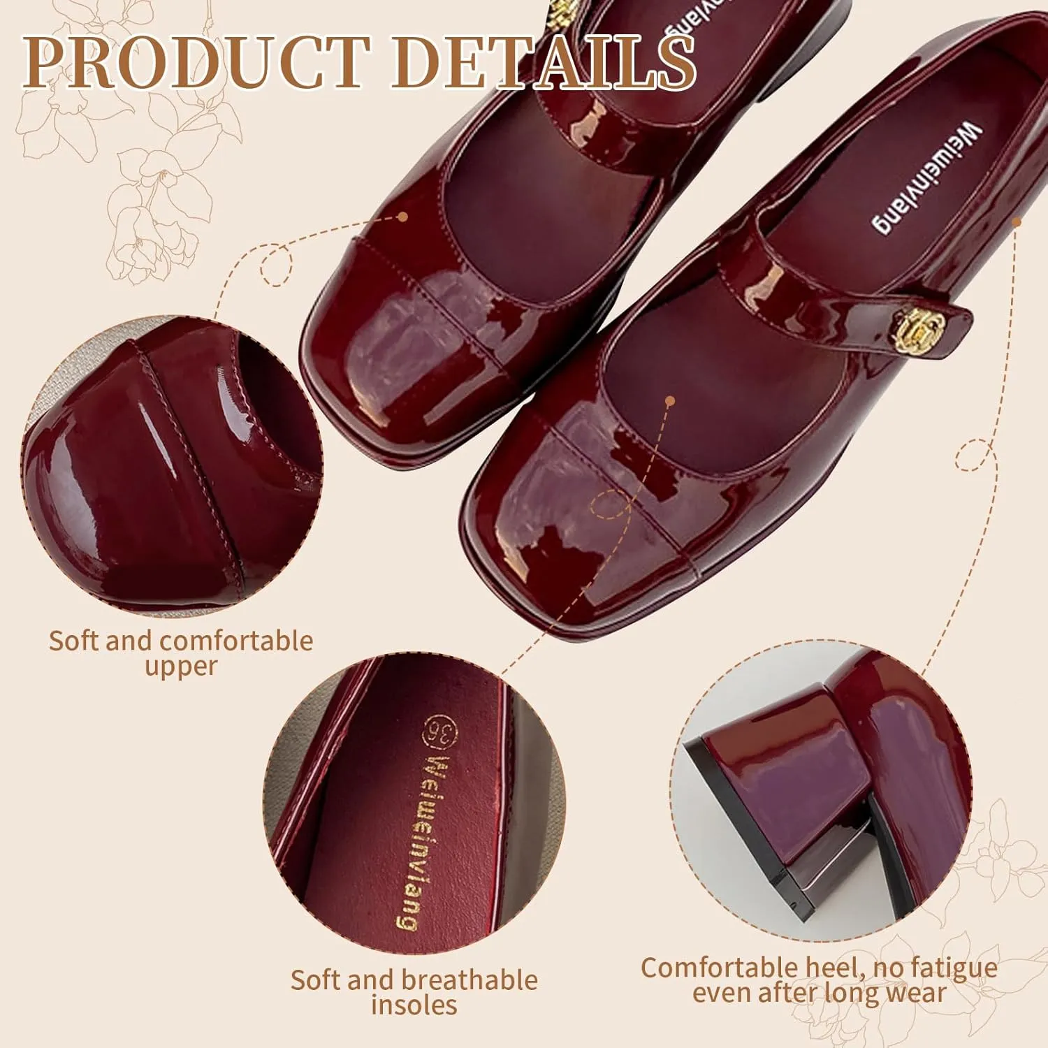Women's Patent Leather Classic Mary Jane Chunky Heel,Dressy Round Toe Pumps,Retro Mary Jane Soft Work Low Heels