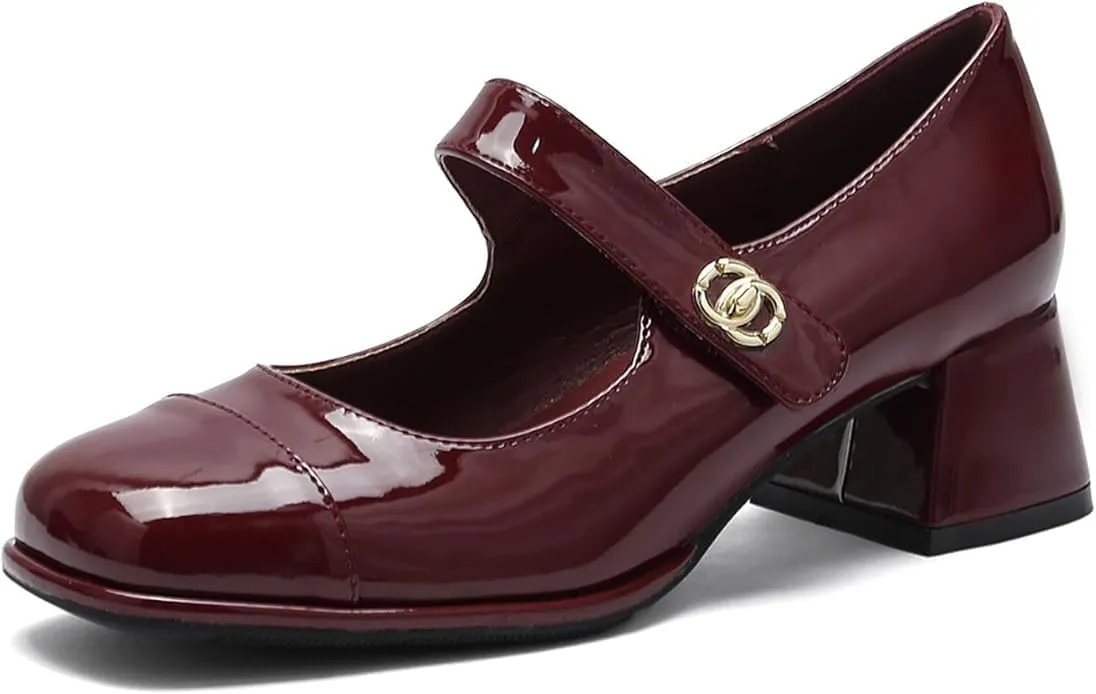 Women's Patent Leather Classic Mary Jane Chunky Heel,Dressy Round Toe Pumps,Retro Mary Jane Soft Work Low Heels