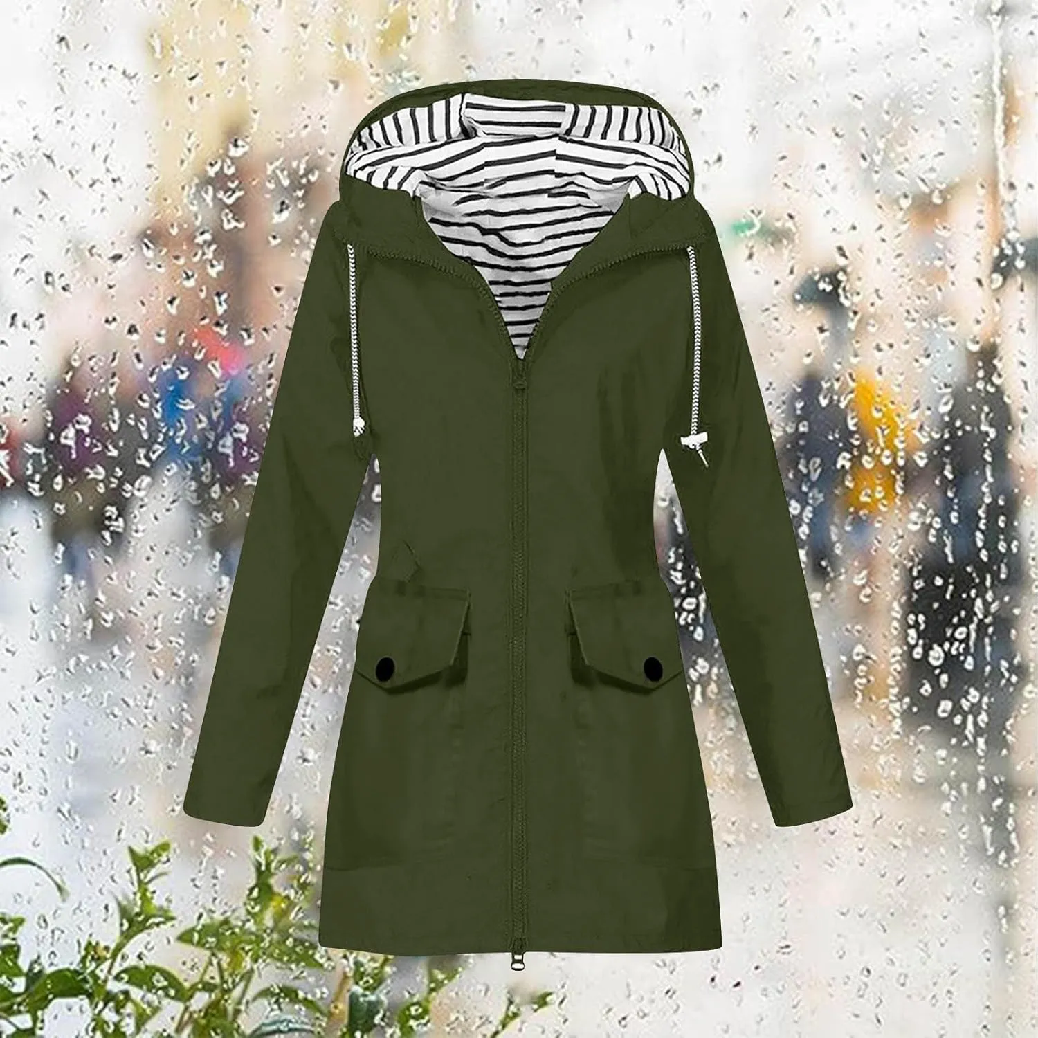 Women's Raincoat Windbreaker Zipper Hoodies Rain Jacket Waterproof Lightweight Outdoor Coat Hooded Trench Coats