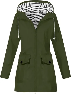 Women's Raincoat Windbreaker Zipper Hoodies Rain Jacket Waterproof Lightweight Outdoor Coat Hooded Trench Coats