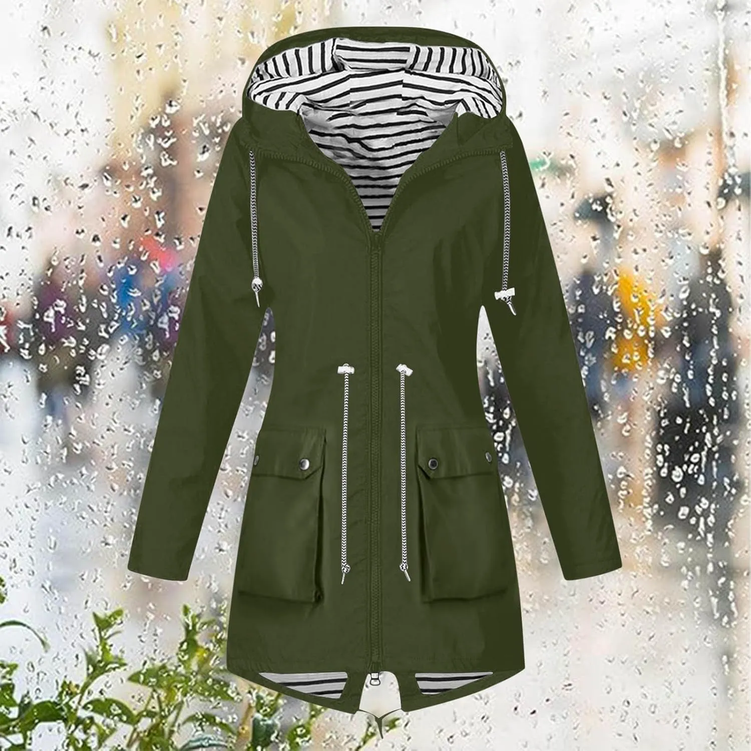 Women's Raincoat Windbreaker Zipper Hoodies Rain Jacket Waterproof Lightweight Outdoor Coat Hooded Trench Coats