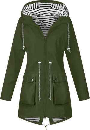 Women's Raincoat Windbreaker Zipper Hoodies Rain Jacket Waterproof Lightweight Outdoor Coat Hooded Trench Coats