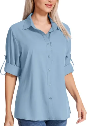 Womens Safari Sun Shirts UPF 50  UV Sun Protection Long Sleeve Outdoor Quick Dry Fishing Hiking Gardening Shirts (5019 Blue S)