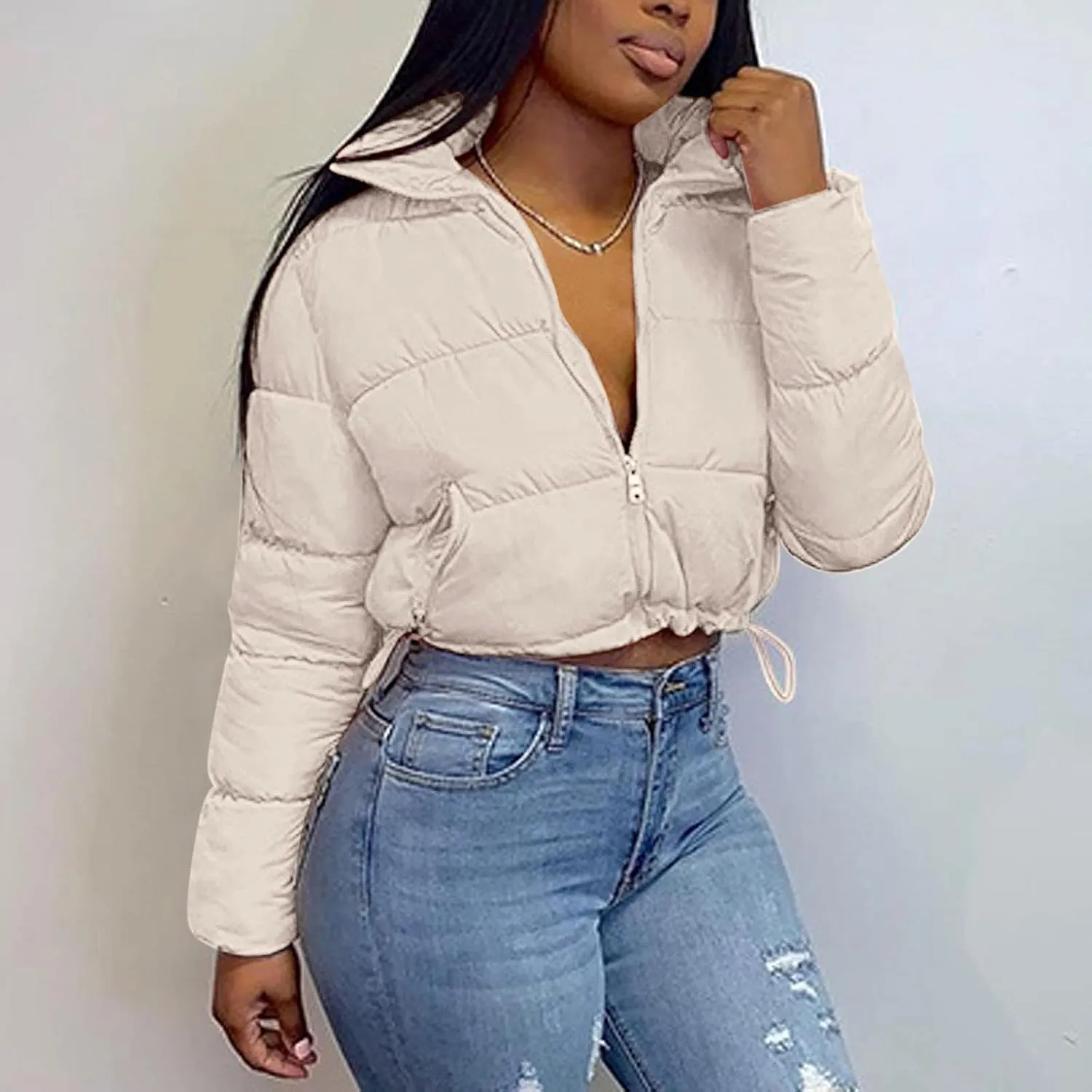 Women's Short Puffer Jackets Cropped Winter Coats Y2k Quilted Jackets Zip Up Padded Stand Collar Outerwear Pockets