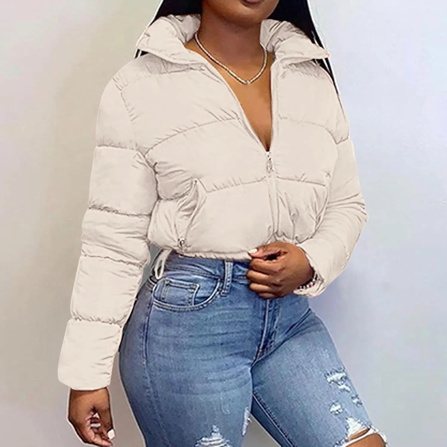 Women's Short Puffer Jackets Cropped Winter Coats Y2k Quilted Jackets Zip Up Padded Stand Collar Outerwear Pockets