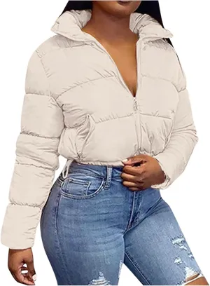 Women's Short Puffer Jackets Cropped Winter Coats Y2k Quilted Jackets Zip Up Padded Stand Collar Outerwear Pockets