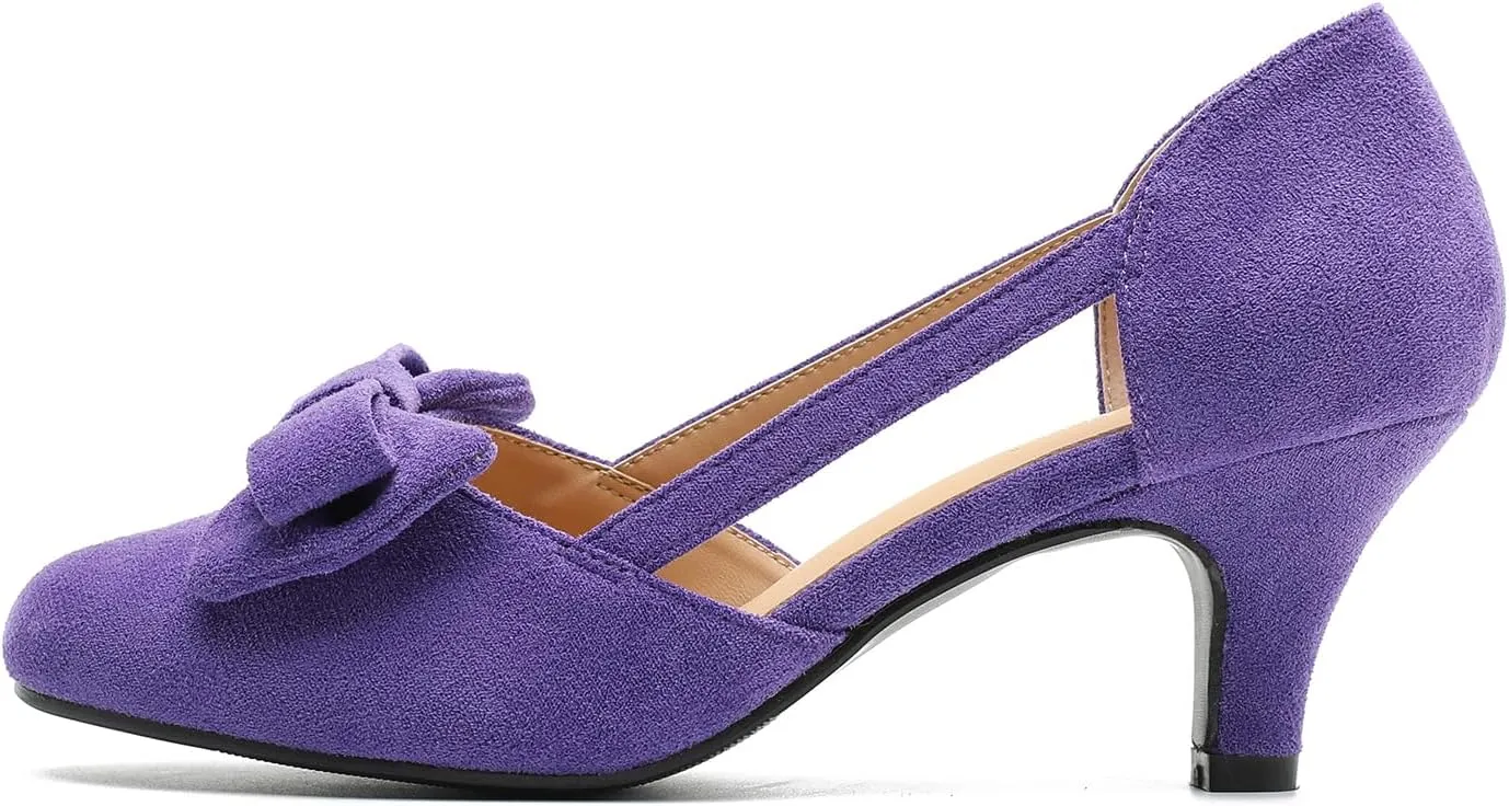Women's Slip On Bow Kitten Heels Cutout Vintage Retro Low Heel Dress Shoes Wedding Work Party Pumps