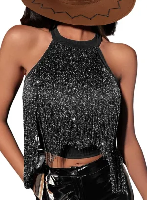 Womens Sparkly Cowgirl Fringe Tank Top - Western Rodeos Festival Glam Tassel Shirt Nashville Country Concert Outfit