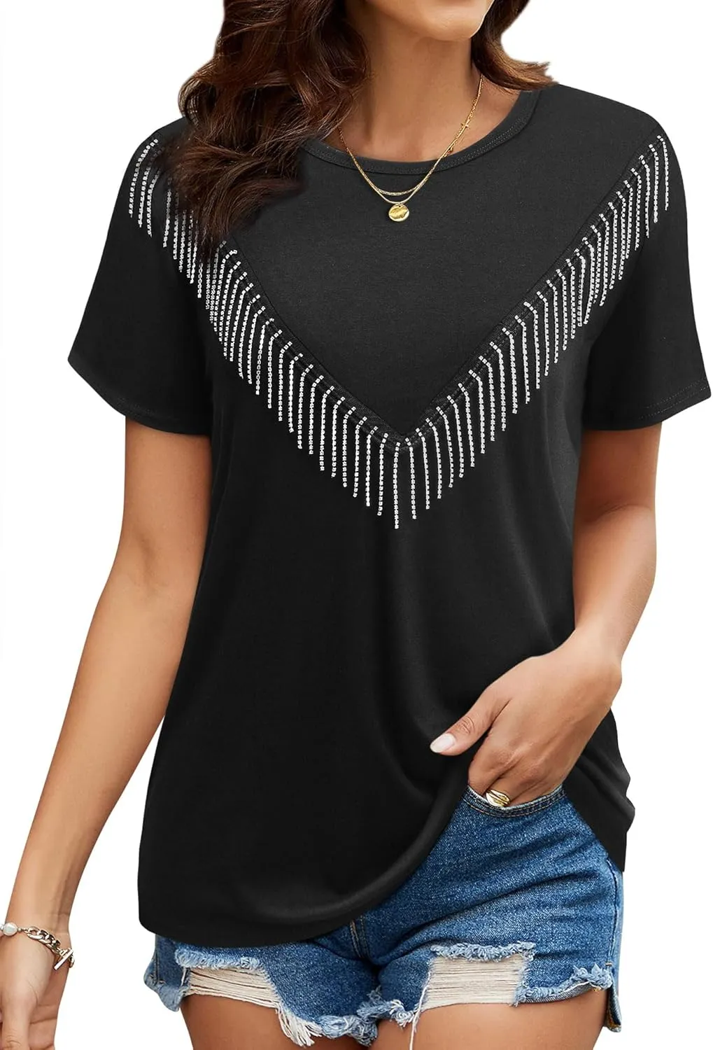 Womens Sparkly Rhinestone Fringe Tshirts Western Glitter Tassel Country Concert Outfits Sparkle Disco Cowgirl Tops